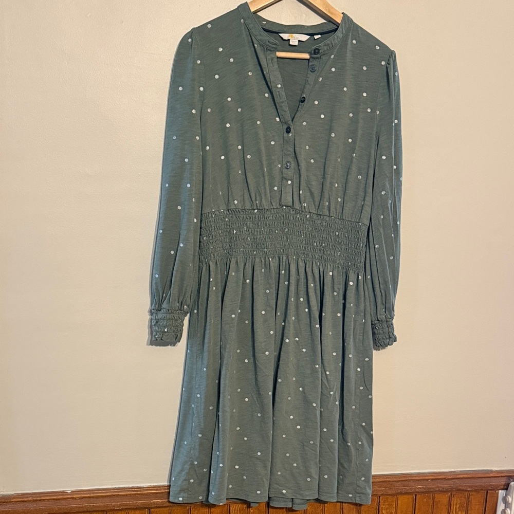 Boden Green Long Sleeve Dress with Dots